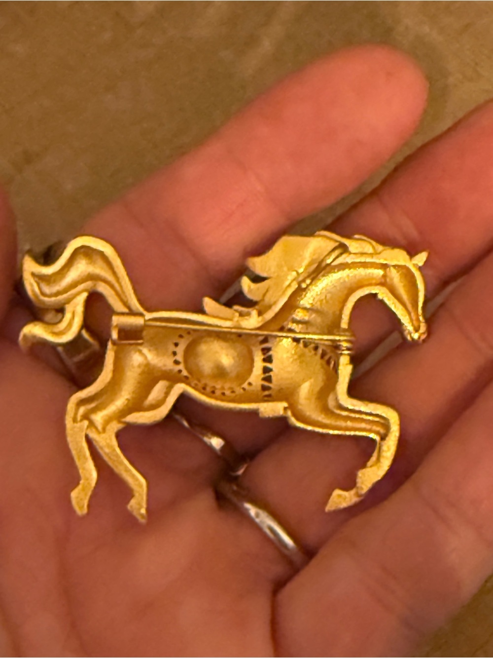 Gold Tone Running Horse Brooch with Faux Pearl Saddle Accent - Picture 3 of 4